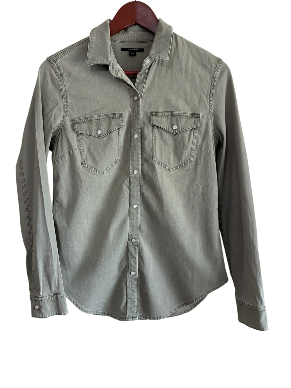 Tahari Women's Khaki Green 100% Cotton Snap Front Western Shirt Size Small